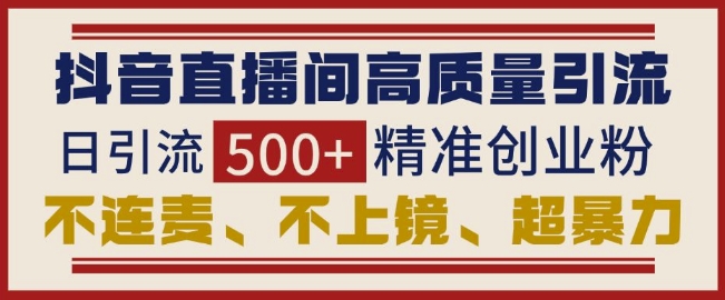 抖音直播间引流创业粉，无需连麦、不用上镜、超暴力，日引流500+高质量精准创业粉-搞个副业