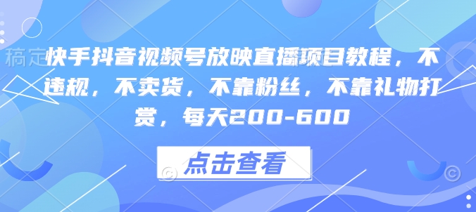 快手抖音视频号放映直播项目教程，不违规，不卖货，不靠粉丝，不靠礼物打赏，每天200-600-搞个副业