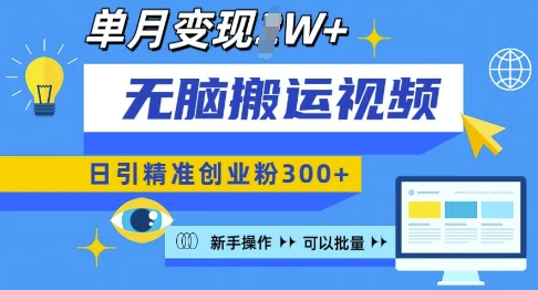 无脑搬运视频号可批量复制，新手即可操作，日引精准创业粉300+，月变现过W 【揭秘】-搞个副业