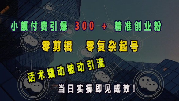 小额付费引爆 300 + 精准创业粉，零剪辑、零复杂起号，话术撬动被动引流，当日实操即见成效-搞个副业
