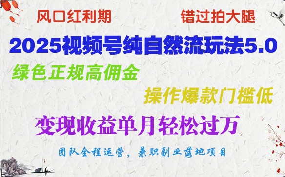 2025视频号纯自然流玩法5.0，绿色正规高佣金，操作爆款门槛低，变现收益单月轻松过万-搞个副业