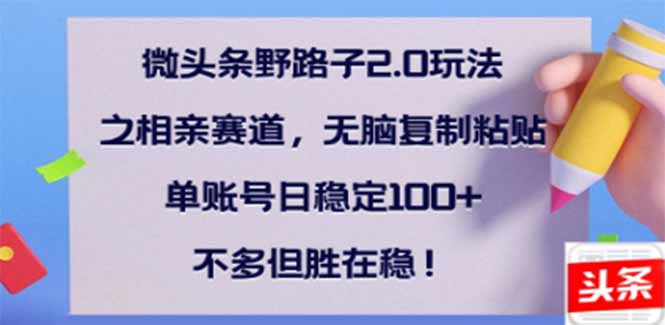 微头条野路子2.0玩法之相亲赛道，无脑搬砖复制粘贴，单账号日稳定300+…-搞个副业