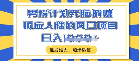 男粉计划无脑躺Z，顺应人性的风口项目，谁发谁火，加爆微信，日入多张【揭秘】-搞个副业
