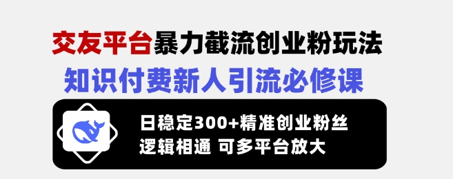 交友平台暴力截流创业粉玩法，知识付费新人引流必修课，日稳定300+精准创业粉丝，逻辑相通可多平台放大-搞个副业
