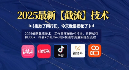 2025最新截流技术，工作室实操迭代打法，日轻松引粉300+，抖音+小红书+B站+视频号流量实操全流程-搞个副业