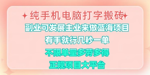 纯手机电脑打字搬砖，有手就行，几秒一单，多劳多得，正规项目大平台【揭秘】-搞个副业
