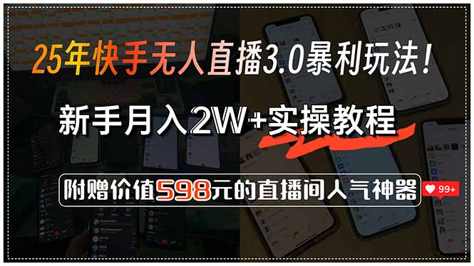 25年快手无人直播3.0暴利玩法！，新手月入2W+实操教程，附赠价值598元…-搞个副业