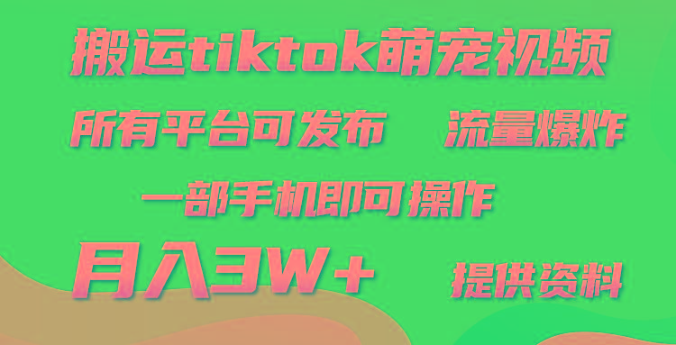 (9618期)搬运Tiktok萌宠类视频，一部手机即可。所有短视频平台均可操作，月入3W+-搞个副业