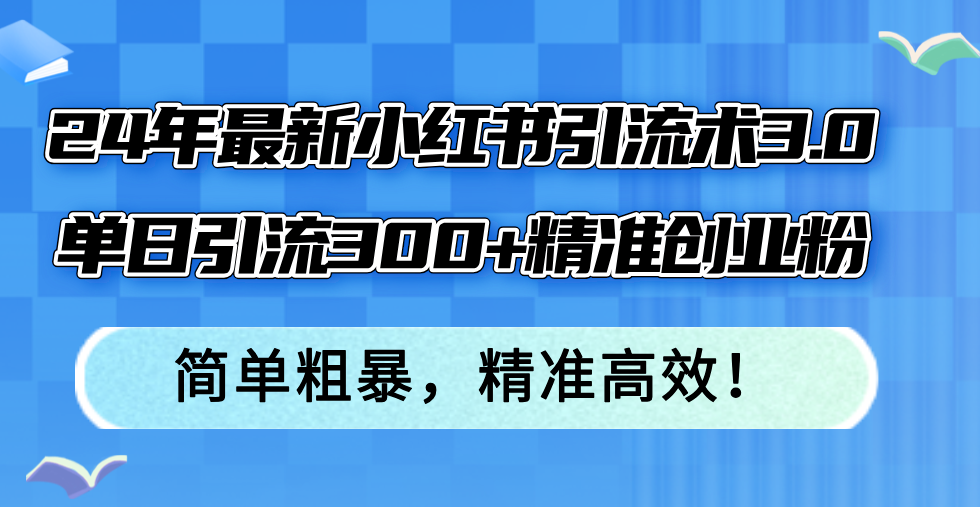 24年最新小红书引流术3.0，单日引流300+精准创业粉，简单粗暴，精准高效！-搞个副业