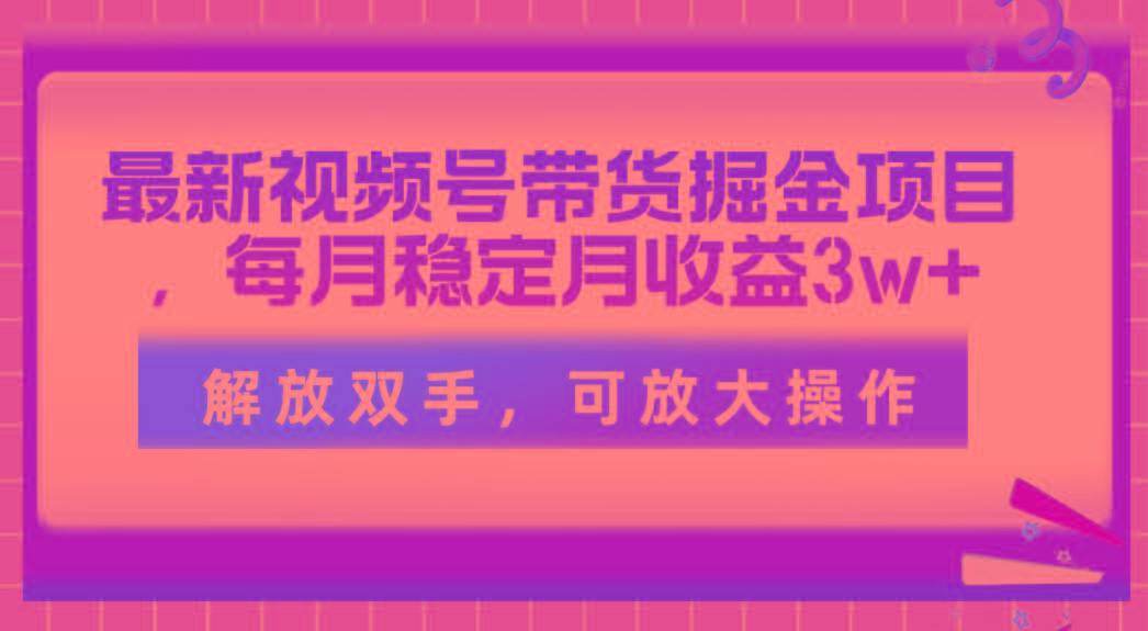 最新视频号带货掘金项目，每月稳定月收益3w+，解放双手，可放大操作-搞个副业
