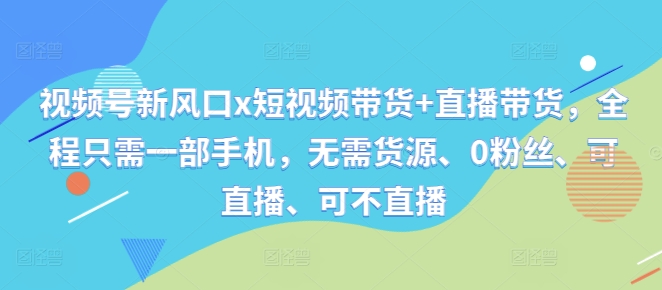 视频号新风口x短视频带货+直播带货，全程只需一部手机，无需货源、0粉丝、可直播、可不直播-搞个副业
