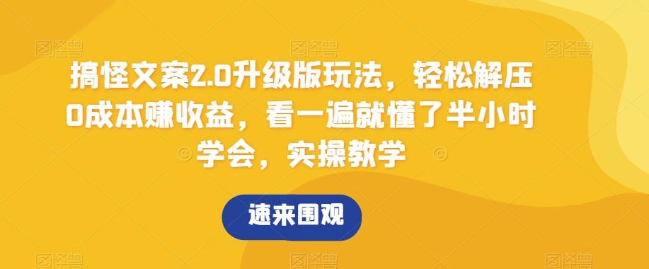 搞怪文案2.0升级版玩法，轻松解压0成本赚收益，看一遍就懂了半小时学会，实操教学【揭秘】-搞个副业