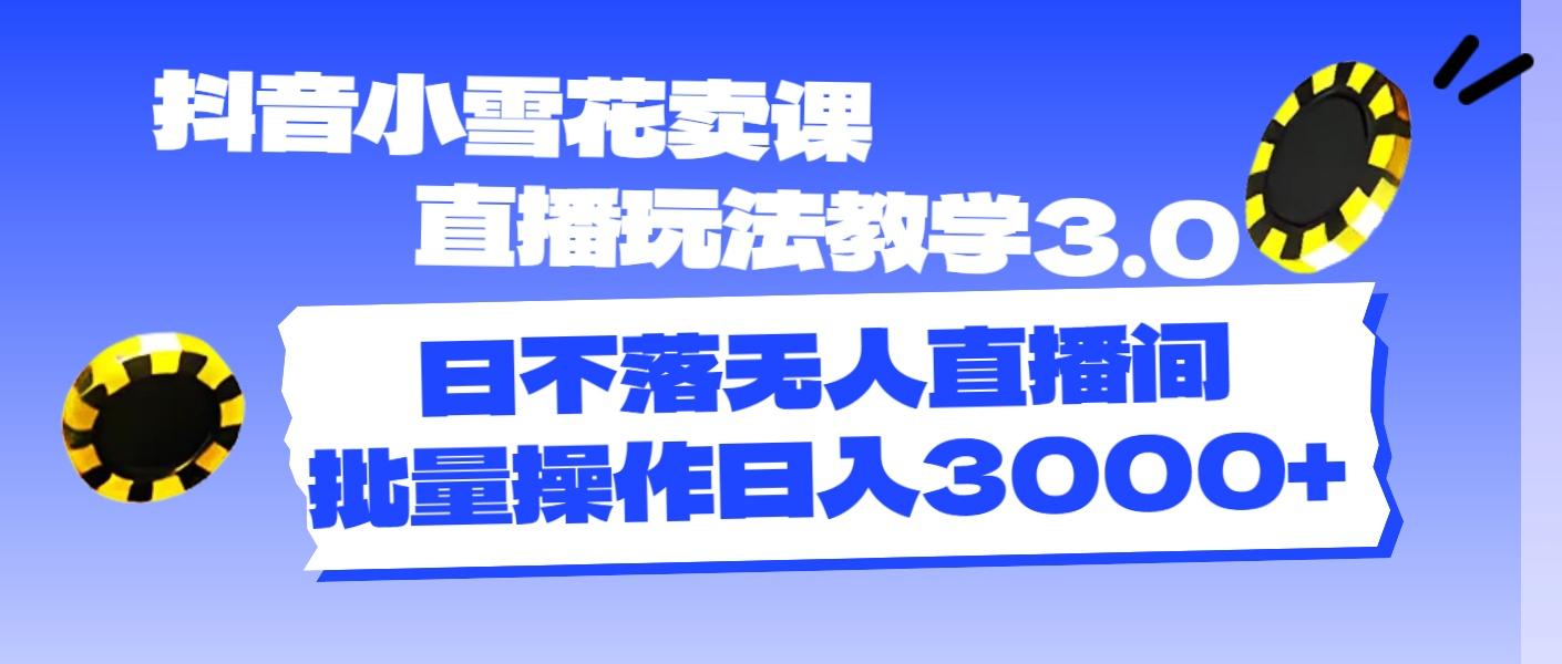 抖音小雪花卖课直播玩法教学3.0，日不落无人直播间，批量操作日入3000+-搞个副业