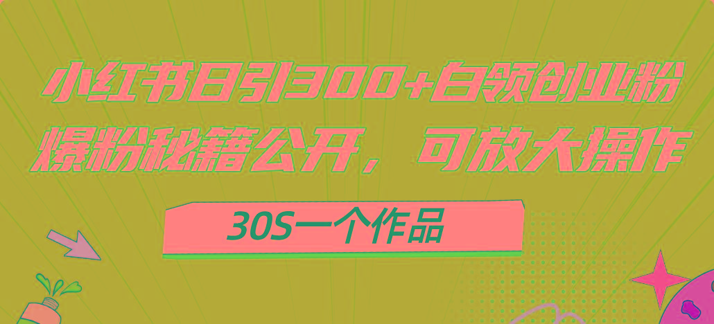 小红书日引300+高质白领创业粉，可放大操作，爆粉秘籍！30s一个作品-搞个副业