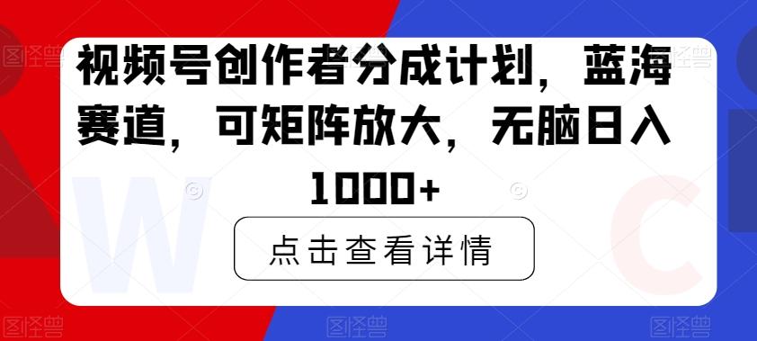 视频号创作者分成计划，蓝海赛道，可矩阵放大，无脑日入1000+-搞个副业