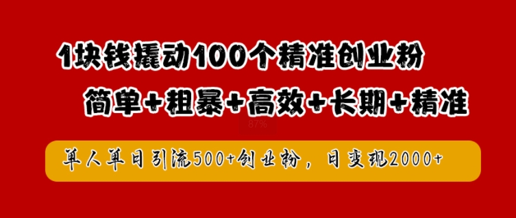 1块钱撬动100个精准创业粉，简单粗暴高效长期精准，单人单日引流500+创业粉，日变现2k【揭秘】-搞个副业