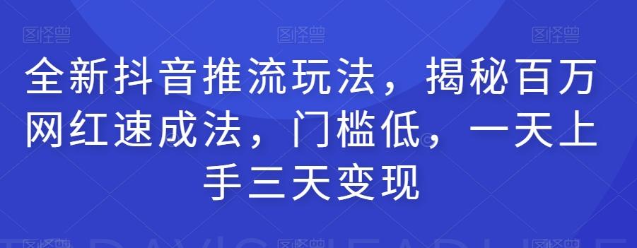 全新抖音推流玩法，揭秘百万网红速成法，门槛低，一天上手三天变现-搞个副业