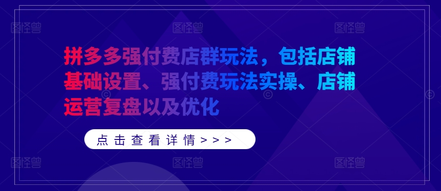 拼多多强付费店群玩法，包括店铺基础设置、强付费玩法实操、店铺运营复盘以及优化-搞个副业