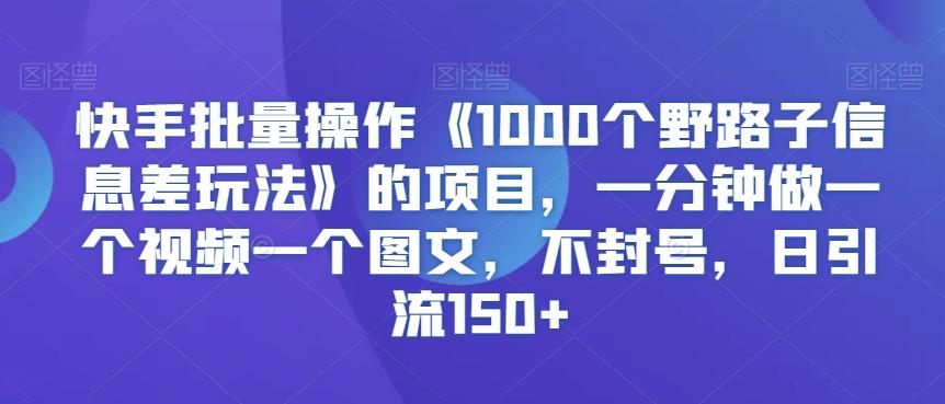 快手批量操作《1000个野路子信息差玩法》的项目，一分钟做一个视频一个图文，不封号，日引流150+【揭秘】-搞个副业