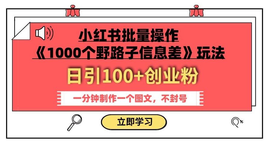 小红书批量操作《1000个野路子信息差》玩法，一分钟制作一个图文，不封号，日引100+创业粉-搞个副业