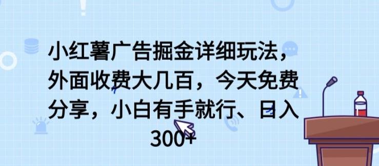小红薯广告掘金详细玩法，外面收费大几百，小白有手就行，日入300+【揭秘】-搞个副业