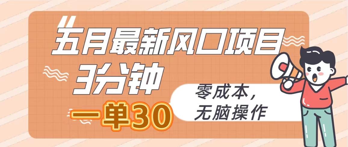 五月最新风口项目，3分钟一单30，零成本，无脑操作-搞个副业