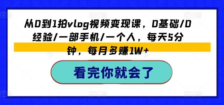 从0到1拍vlog视频变现课，0基础/0经验/一部手机/一个人，每天5分钟，每月多赚1W+-搞个副业