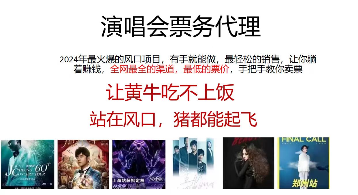 演唱会票务代理，2024年最火爆风口项目，全网最低的票价，小白一分钟上手日入2000+-搞个副业