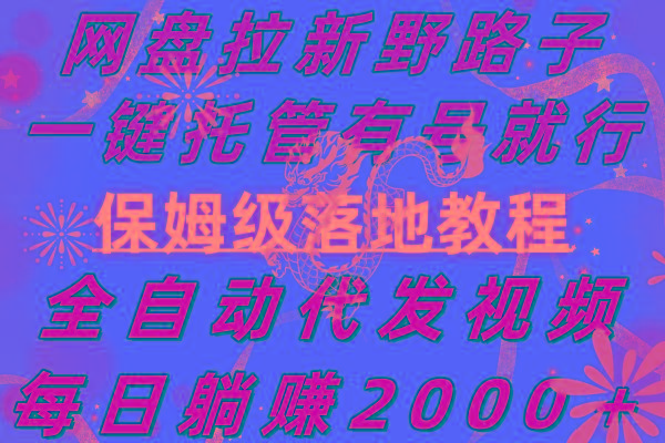 网盘拉新野路子，一键托管有号就行，全自动代发视频，每日躺赚2000＋，…-搞个副业
