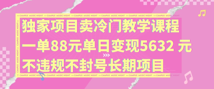 独家项目卖冷门教学课程一单88元单日变现5632元违规不封号长期项目【揭秘】-搞个副业