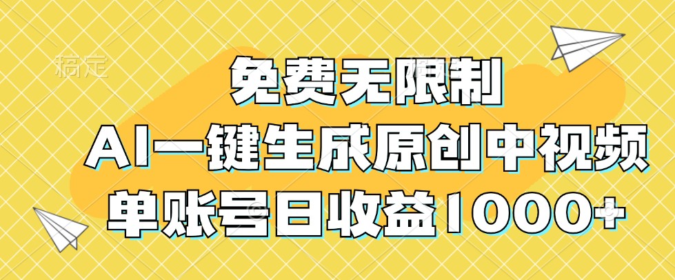免费无限制，AI一键生成原创中视频，单账号日收益1000+-搞个副业