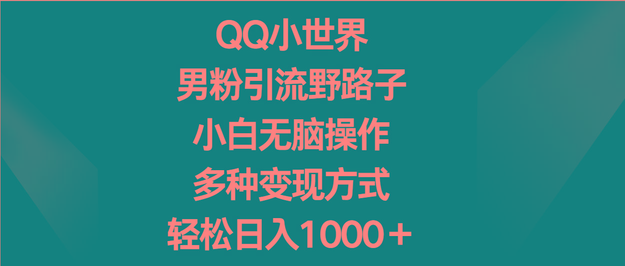 QQ小世界男粉引流野路子，小白无脑操作，多种变现方式轻松日入1000＋-搞个副业