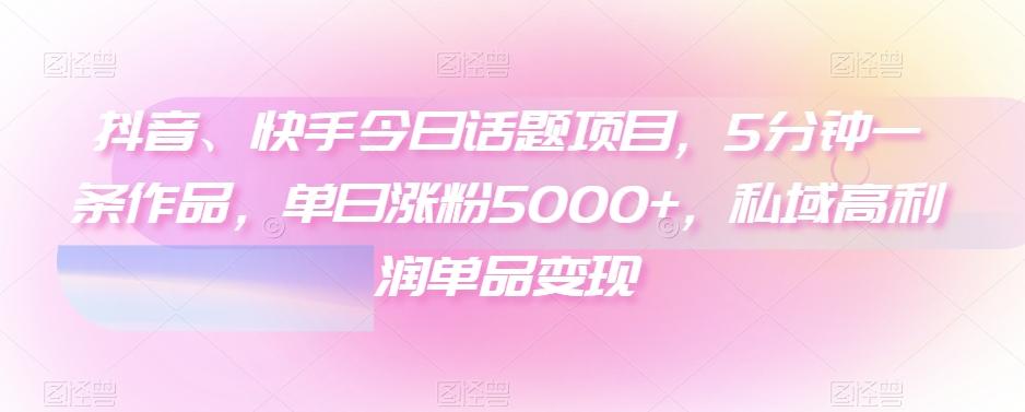 抖音、快手今日话题项目，5分钟一条作品，单日涨粉5000+，私域高利润单品变现-搞个副业