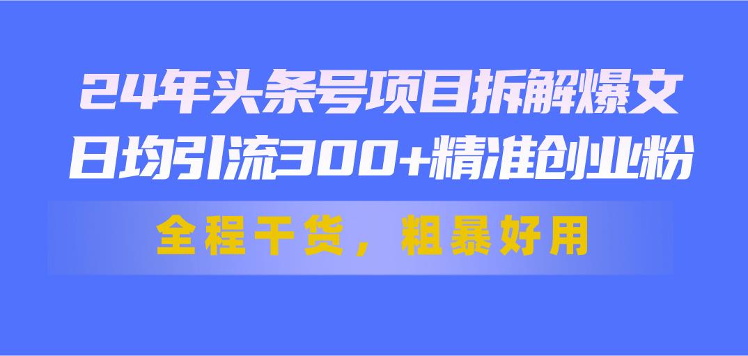 24年头条号项目拆解爆文，日均引流300+精准创业粉，全程干货，粗暴好用-搞个副业