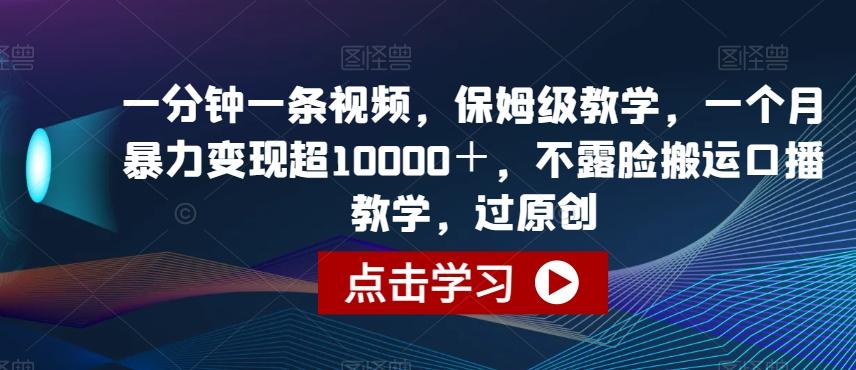 一分钟一条视频，保姆级教学，一个月暴力变现超10000＋，不露脸搬运口播教学，过原创-搞个副业