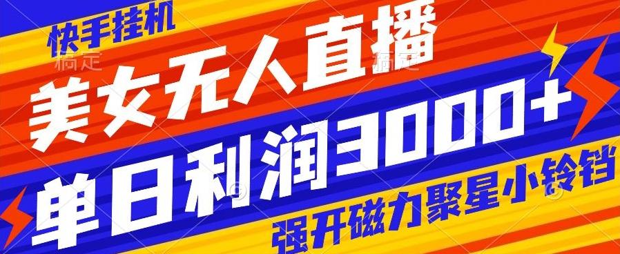 快手挂机，美女无人直播，强开磁力聚星小铃铛，日入3000+-搞个副业