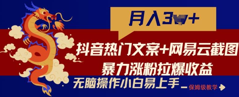 抖音热门文案+网易云截图暴力涨粉拉爆收益玩法，小白无脑操作，简单易上手【揭秘】-搞个副业
