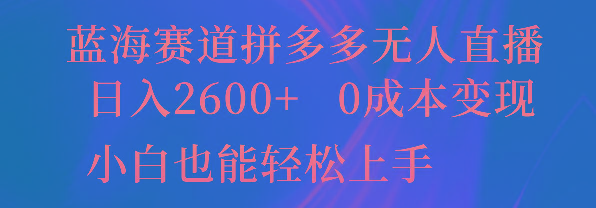 蓝海赛道拼多多无人直播，日入2600+，0成本变现，小白也能轻松上手-搞个副业