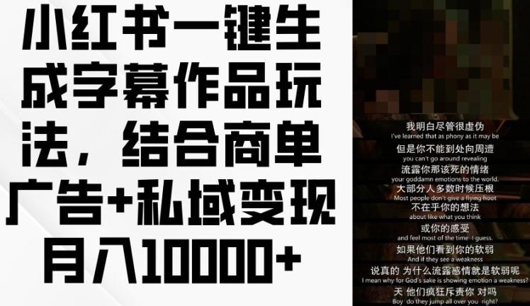 小红书一键生成字幕作品玩法，结合商单广告+私域变现月入1w+【揭秘】-搞个副业