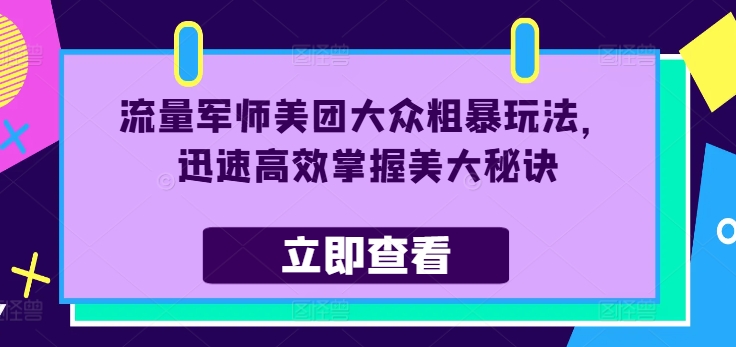 流量军师美团大众粗暴玩法，迅速高效掌握美大秘诀-搞个副业