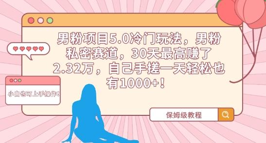男粉项目5.0冷门玩法，男粉私密赛道，30天最高赚了2.32万，自己手搓一天轻松也有1000+【揭秘】-搞个副业