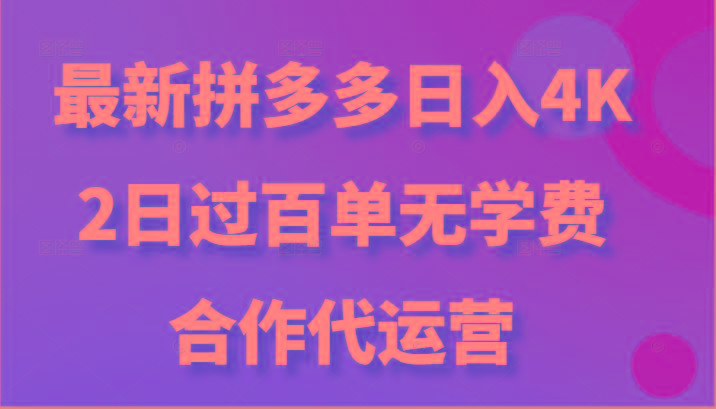 最新拼多多，日入4K+，2日过百单无学费，合作代运营-搞个副业