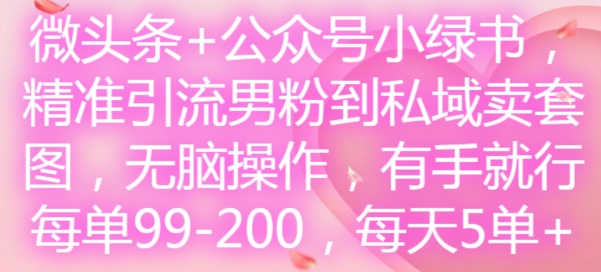 微头条+公众号小绿书，精准引流男粉到私域卖套图，无脑操作，有手就行，每单99-200，每天5单-搞个副业